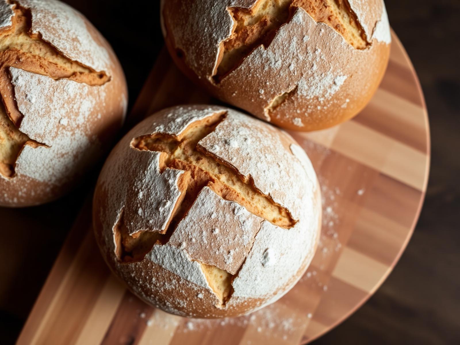 Three rustic sourdough loaves on a wooden board